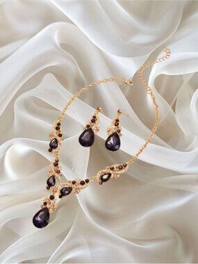 Vintage Purple Necklace and Earring Set with Black Teardrop Crystals